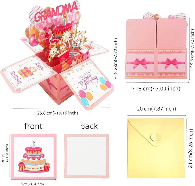 Happy Birthday Card For Grandma Pop Up Gift Card Box From Granddaughter Grandson Best Nana Grandma Birthday Funny 3D Colorful Foldable Celebration Greeting Cards With Envelope For Women