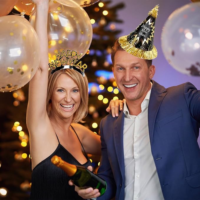 New Years Eve Party Supplies 2026 30PCS Happy New Years Decoration Hats Headband for 2026 Party Props Festival Decorations Count Down NYE Party Supplies Favors (Glod Black)