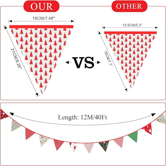 GCQQ Christmas Pennant Banner 40FT Cotton Fabric Xmas Banner 42Pcs Red Green Merry Christmas Party Banner 14 Rustic Different Floral Bunting Garlands for Home Outdoor Decoration