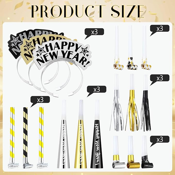 Lenwen 18 Pcs Happy New Years Eve Party Supplies New Year Noise Makers Headband Tiara Party Horn Blowers Whistles Fringed Noisemaker Novelty Favors for Adult Decoration(Multicolor)