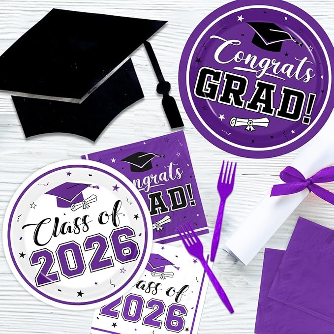 Graduation Party Plates and Napkins Purple Class of 2026 Grad Congrats Party Supplies Disposable Dessert Paper Plates Cocktail Napkins forGraduation Party Decorations,Serve 50