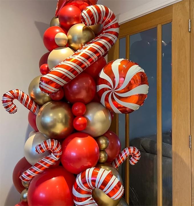 Red Christmas Balloon Garland Arch Kit, Christmas Red White Gold Balloons with Big Gingerbread Cane Windmill Star Mylar Foil Balloons, Metalic Gold Long Balloon for Happy Merry Decorations