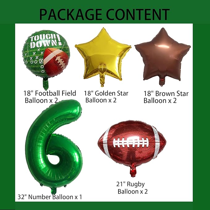 Football Balloons Foil Football Birthday Decorations Balloons Green Number 6 Balloon Gold Brown Star Touchdown Ballons for Rugby Birthday Decorations Sports Ballons Arch Kits Party Balloon Sets 9pcs