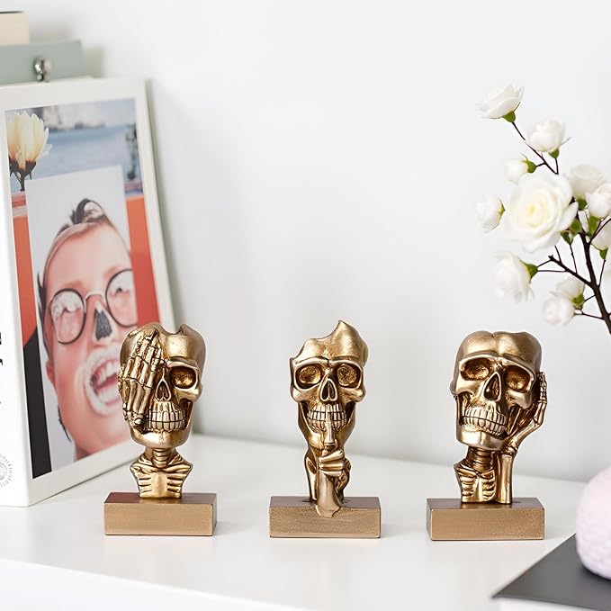 See Hear Speak No Evil Skeleton Figurines Set,Gothic Evil Skull Trio Statue,Vintage Skeletons for Halloween Decorations Indoor,Living Room Fireplace Floating Shelf Coffee Table Centerpiece Decor