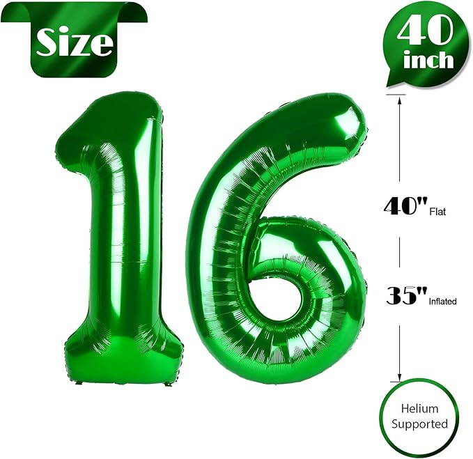 16 Balloon Number, Green Number 16th Birthday Balloons 40 Inch, Sweet 16 Years Old Green Birthday Decorations for Boys Girls, 16th Anniversary Decorations