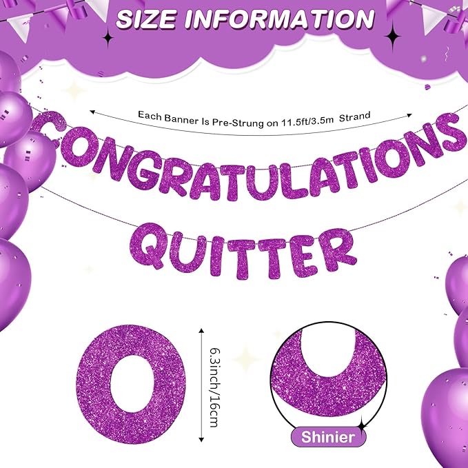 Fulmoon Pre Strung Congratulations Quitter Glitter Banner Funny Retirement Banner Graduation Party Decorations Going Away Supplies Garland for Men Women Gifts, No DIY(Purple)