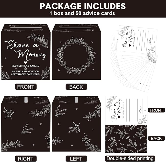 Pajean 50 Pcs Share a Memory Cards for Collections of Life, Memory Cards Box for Guest Ideas Funeral Graduation Wedding Bridal Shower Birthday Anniversary Retirement(Black)
