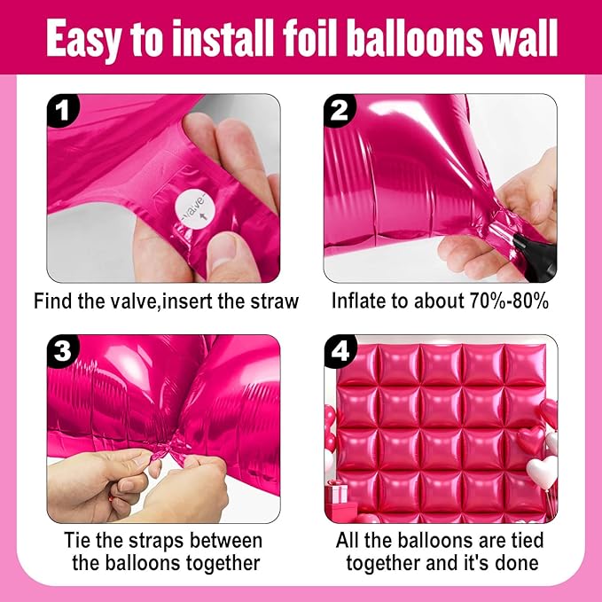 36Pcs Hot Pink Square Foil Balloons Wall Backdrop, Double Sided Metallic Foil Balloons Tunnel Arch Garland Kit for Photo Booth Birthday Wedding Halloween Christmas Party Decorations