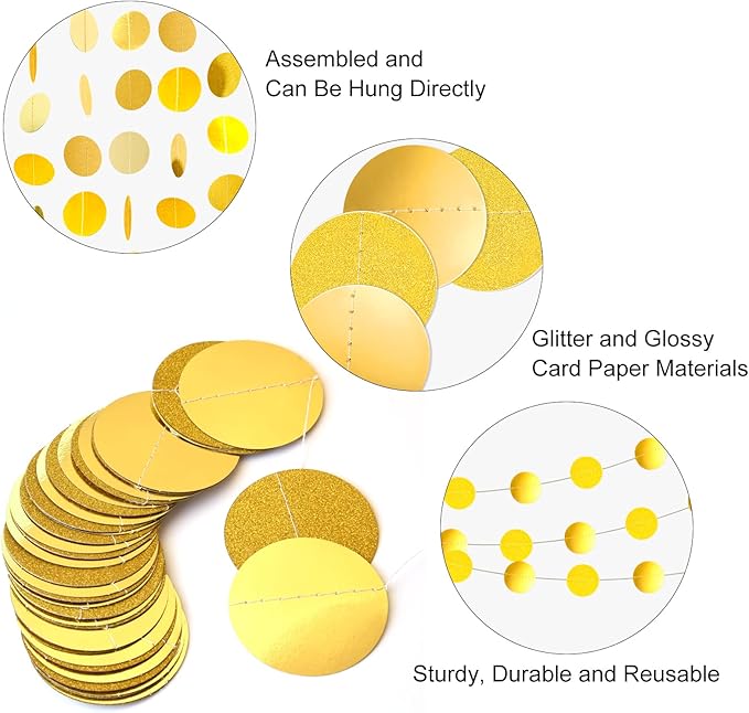 MIAHART 52 Feet Circle Dots Gold Circle Garlands Glitter Gold Decorations Party Garland Hanging Banner Decor for Birthday Baby Shower Wedding Christmas Party