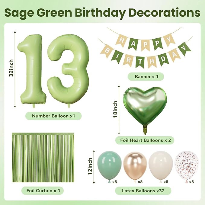 Sage Green 13th Birthday Decorations, Official Teenager Party Supplies for Girls Boys, Sand White & Cream Balloon Kit with Green Number 13 Balloon and Fringe Curtains
