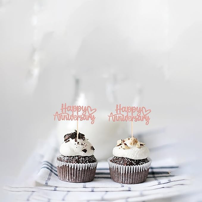 24 PCS Happy Anniversary Cupcake Toppers Glitter Wedding Anniversary Cupcake Picks Decorations for Wedding Anniversary Birthday Party Supplies Rose Gold