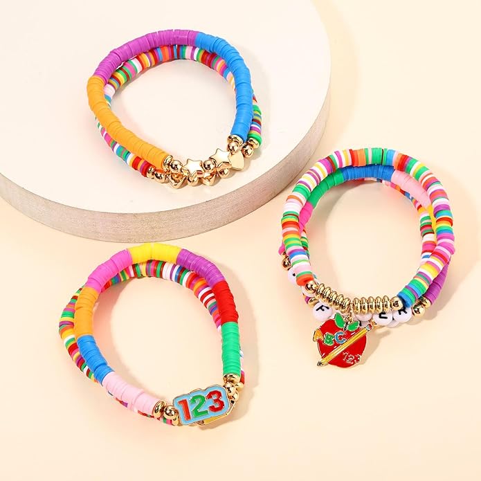 Surfer Heishi Bracelets for Women Stackable Rainbow Vinyl Disc Clay Beaded Stretch Bracelets Elastic Layering Friendship Bracelets Boho Summer Beach Jewelry