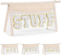 Etercycle Boho Straw STUFF Bag, Clear Waterproof Beach Bag Small Zipper Makeup Bag, Chenille Letter Patch Cosmetic Bag Holiday Vacation Summer Beach Gifts for Summer Travel