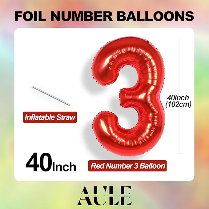 AULE 40 Inch Big Red 3 Balloon Number Large Foil Helium Number Balloons 0-9 Jumbo Giant Happy 3rd Birthday Party Decorations for Boy or Girl Huge Mylar Anniversary Party Supplies