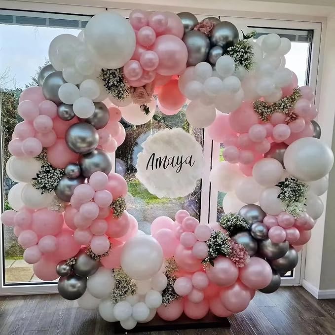 Pink and Silver Balloon Arch Kit, Metallic Silver Macaron Pink Balloon Garland Kit, Helium Latex Balloons Different Sizes for Wedding Bridal Shower Baby Shower Party Decorations