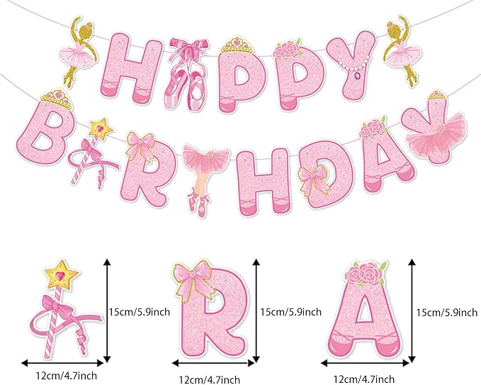 Zwiebeco Pink Gold Ballerina Happy Birthday Banner Bunting Hanging Paper Swirls Garland Party Decorations for Girls Women Princess-Style Ballet Dancing Themed Bday Decor Accessories Supplies