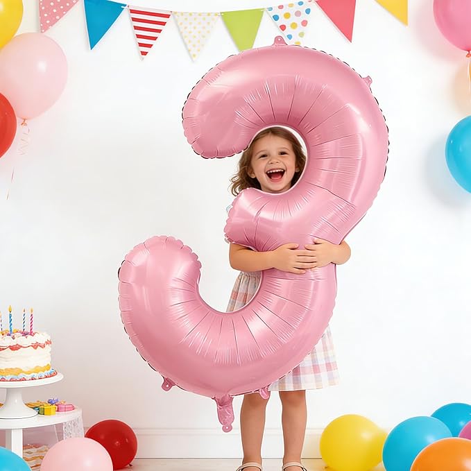 Smlpuame Pastel Pink 3 Balloons, 40 Inch Large Light Pink Foil Number Balloons 0-10, Self-Sealing 3rd Birthday Balloon for Girls Women Anniversary Baby Shower Princess Party Decorations Supplies