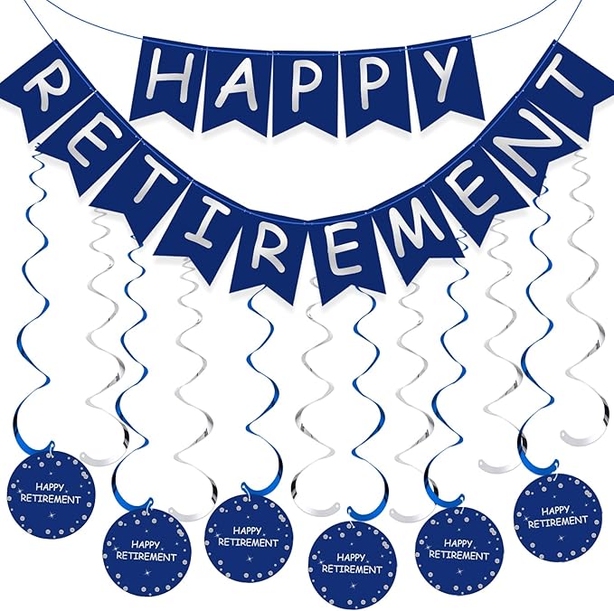 Retirement Party Decorations for Men Women Blue Silver Happy Retirement Banner Hanging Swirls Kit for Retire Party Decor Supplies