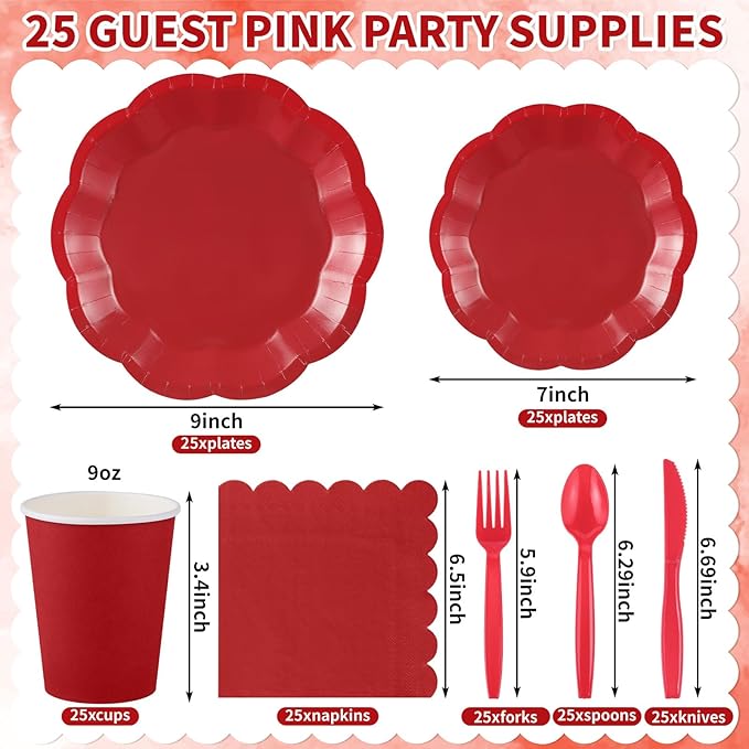175 Pcs Red Paper Plates and Napkins Set Include 9" Dinner Plates, 7" Dessert Plate Disposable Scalloped Tableware Serve 25 Guest for Wedding Baby Shower Bridal Shower Birthday Mother's Day