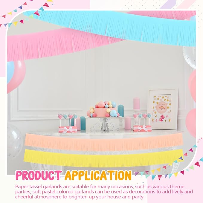 Taiyin 12 Pack 120 Feet Macaron Fringe Garland Tissue Pastel Paper Fringe Tassel Party Garland Wall Hanging Banner Backdrop Streamers for Wedding Birthday Autumn Thanksgiving