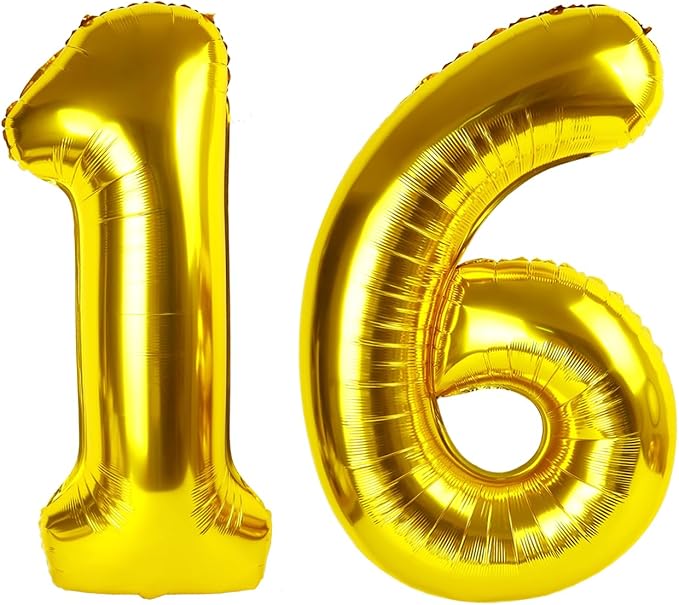 16 Gold Number Balloons, 40 Inch Balloons for Woman Man 16th Birthday Party Decoration, Foil Number Ballon for 16, 61 Anniversary, Bridal Shower, Graduation, Valentine's Day, Mother's Day, Easter
