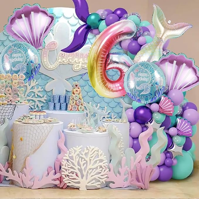 Mermaid Birthday Decorations Mermaid Balloons - Number 6 Balloons for Girls Under The Sea Mermaid Theme Baby Shower Birthday Favors