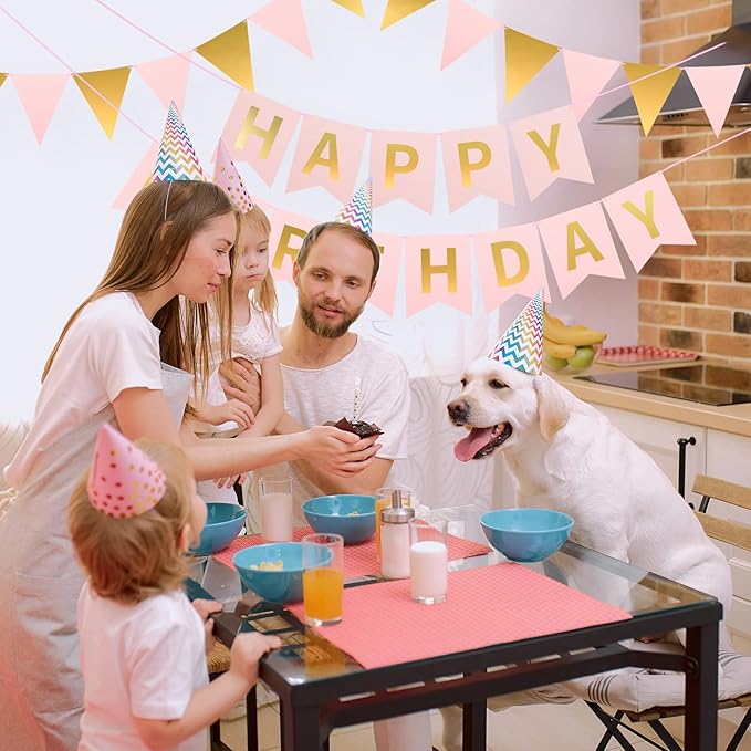 Irenare 4 Pieces Happy Birthday Banner Colorful Birthday Party Decor Rainbow Felt Garland Banner Rainbow Party Decorations Supplies(Pink, Gold)