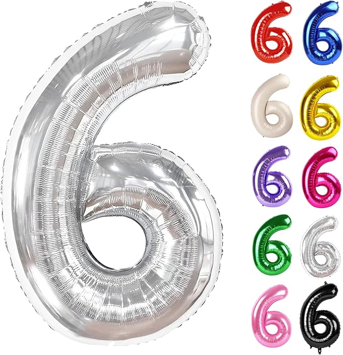 Silver Number 6 Balloon 40 Inch, 6 Balloon Number, 6th Birthday Decorations, Silver Party Supplies for Boys Girls