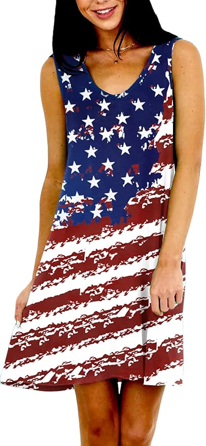 Deerose Women 4th of July Sleeeveless Dress Patriotic V Neck Tank Dresses with Pockets