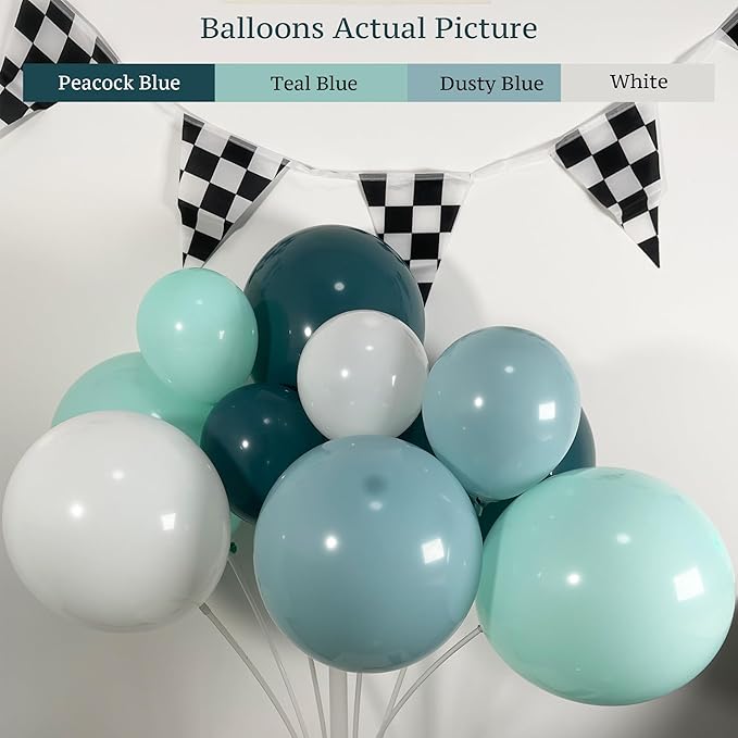 Race Car Balloon Arch Garland Kit 152Pcs Dusty/Peacock/Teal Blue and White Balloons with Wheel Checkered Foil Balloons and Checkered Flag Banner for Two Fast Birthday Party Decorations