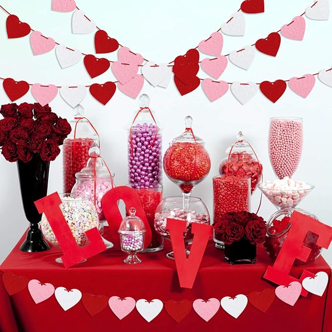 Felt Heart Garland Banner, Pre-Strung | Valentines Decorations | Red Pink White Valentines Banner | Anniversary Wedding Birthday Party Decorations | Outdoor Home Hanging Valentine's Day Decor