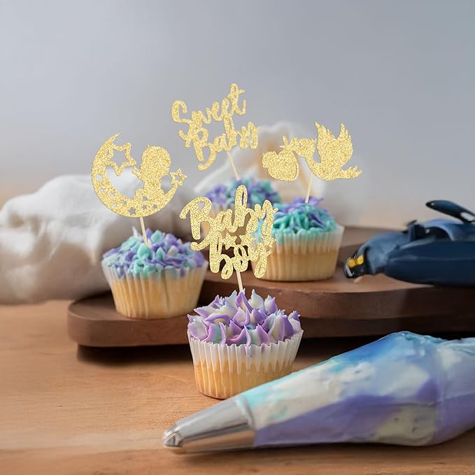 24Pcs Baby Boy Cupcake Toppers Gold Glitter Moon Star Sweet Baby Boy Cupcake Picks Decorations for Gender Reveal Baby Shower Kids Boys Birthday Party Supplies