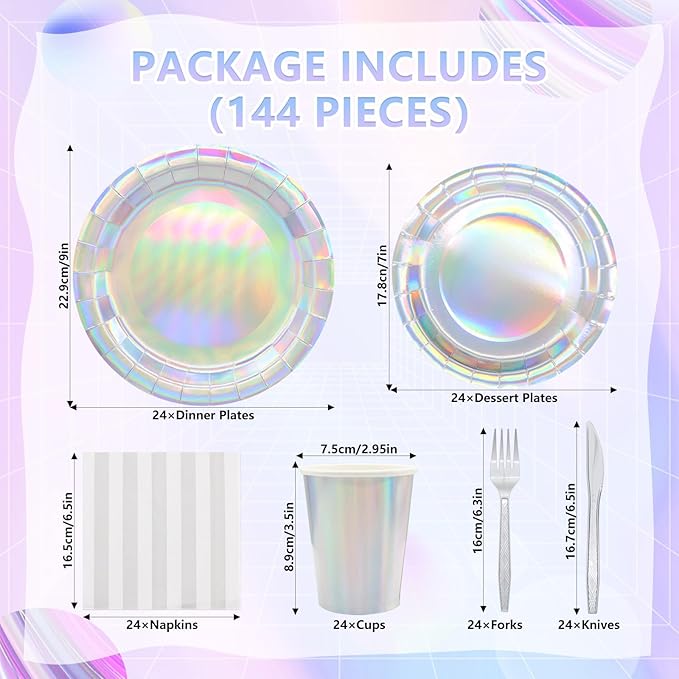 144pcs Iridescent Party Supplies Iridescent Party Tableware Set Serve 24 Guests Includes Holographic Paper Plates Cups Napkins Forks for Baby Shower Mermaid Birthday Party