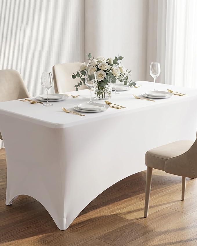 Fixwal White Table Cloth for 6FT Rectangle Tables, 6 Pack Rectangular Tablecloths Stretch Spandex Fitted Table Covers 6FT for Parties, Trade Shows, Banquet, Weddings, Buffet, Graduation Decorations
