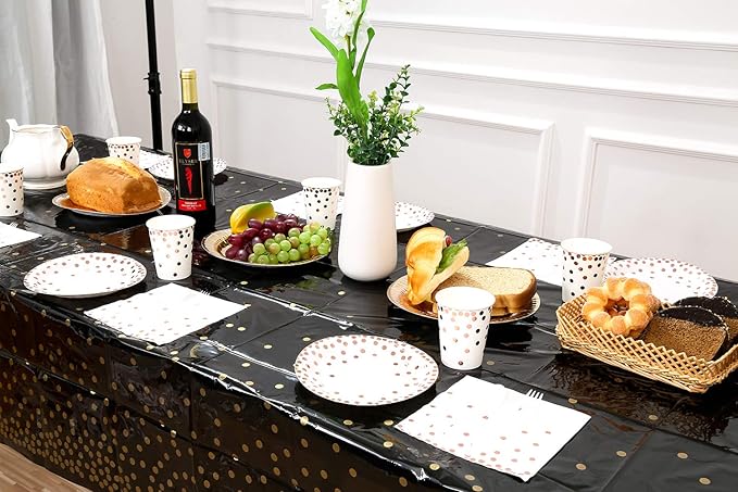 12 Pack Plastic Tablecloths for Rectangle Tables, Black and Gold Waterproof Disposable Party Table Cloths, Table Covers for Decorations, Graduation, Birthday, Cocktail Party, 54" x 108"