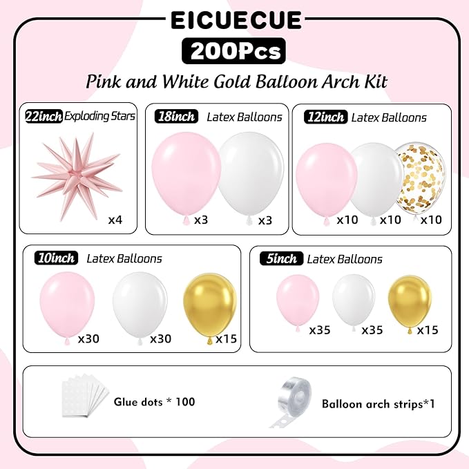 Pink and White Gold Balloons Garland Arch Kit with Stars 200Pcs - Girl Birthday Decorations 5 10 12 18 inch Balloon for Engagement Birthday Baby Shower Wedding Bridal Shower Party Decorations