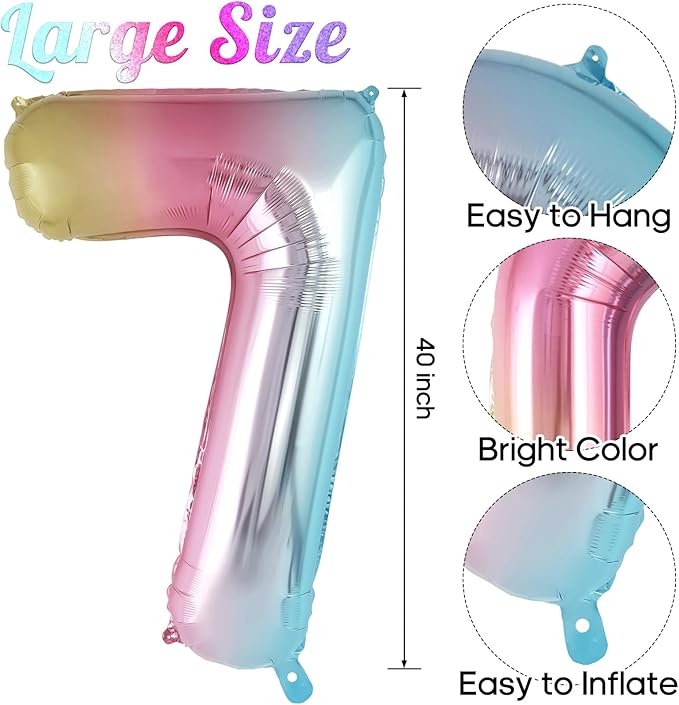 Rainbow Gradient Number 7 Balloon, 40 Inch Big Large Foil Number Balloons, Giant Mylar Number 7 Balloons for 7 Year Old Birthday Party Decorations Supplies Anniversary Celebration