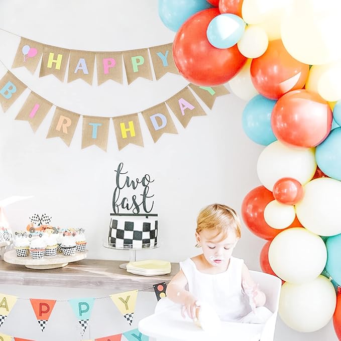 HUIHUANG Happy Birthday Burlap Banner - Colorful Pastel Bunting Banner Garland Flags for Rustic Birthday Party Decorations