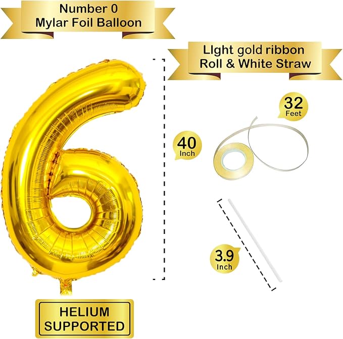 40 Inch Gold Number Balloons, Helium Mylar Foil Number Balloons for Birthday, Number 6 Balloon for 6st Birthday Decorations for Kids, Anniversary Party Decorations Supplies