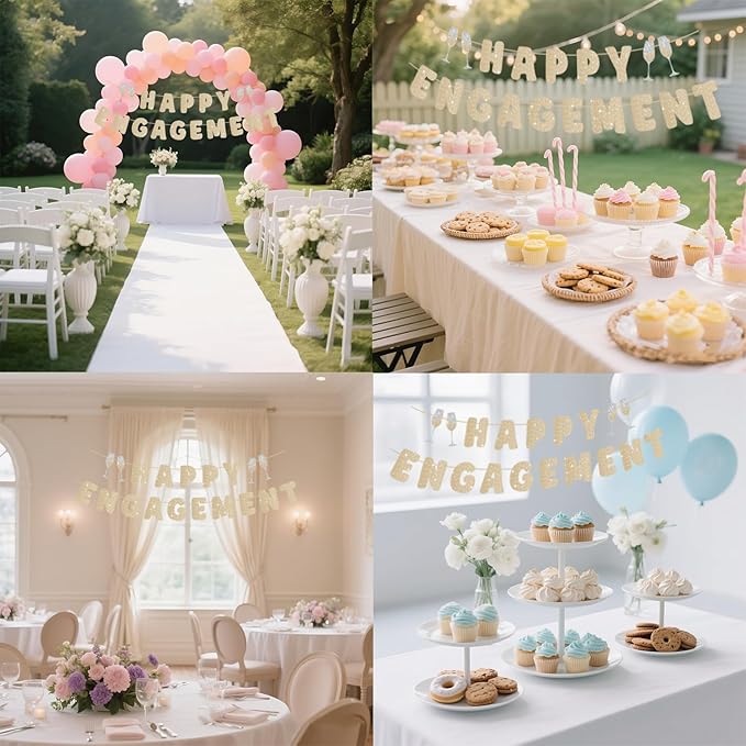 Engagement Party Decorations, Pre-Strung Happy Engagement Banner, Glitter Just Engaged Banner with Glass, Couples Shower Decorations For Happy Wedding Reception Sighs Photo Props Backdrop