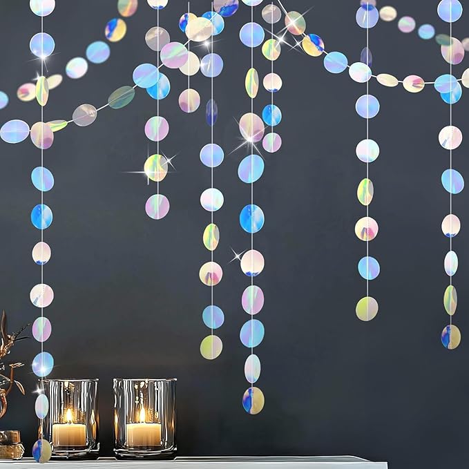 GCQQ 52Ft Iridescent Party Decorations Holographic Circle Garlands Sparkly Iridescent Hanging Streamers Garland for Mermaid Disco Bachelorette Birthday Party Decorations