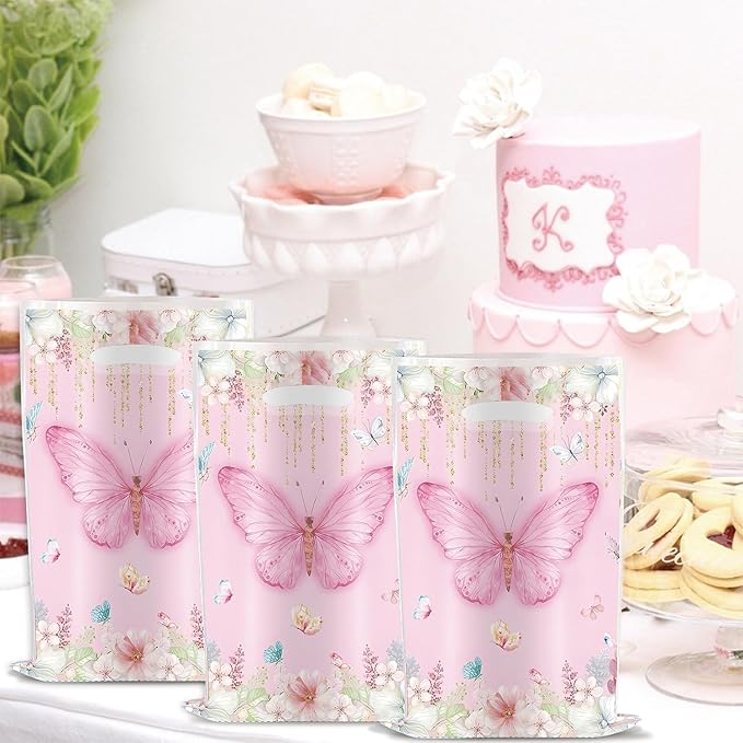 YYaaloa 30pcs Pink Goodie Bags Party Favor Plastic Candy Gift Bags Bulk for Birthday Baby shower Return Gift (Butterfly B 30pcs)