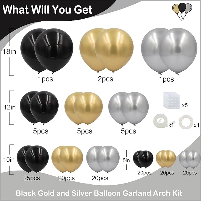 Black Gold Silver Balloons Garland Arch Kit 144pcs Different Sizes New Year Decorations for New Year Birthday Wedding Retirement Baby Shower Graduation Decorations