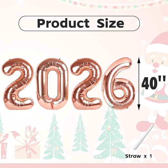 Number 2026 Balloons, 40 Inch Number Balloons, Rose Gold New Years Decorations, 2026 Balloon for Graduation Happy New Year and 2 6 20 26 Birthday Parties