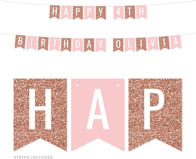 Andaz Press Personalized Hanging Pennant Banner Party Decorations, Rose Gold Glitter, Blush Pink, Happy 4th Birthday Olivia, 1-Pack, Approx. 5-Feet, Custom Name and Number