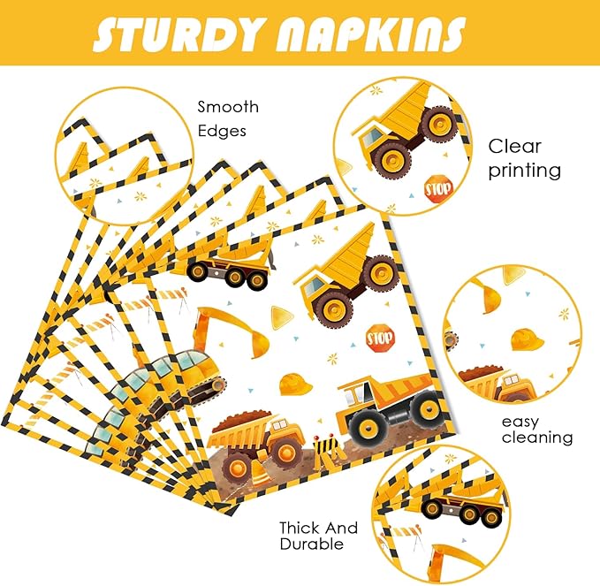 194Pcs Construction Plates Birthday Party Supplies Decorations Serve 24 | Includes Napkins Cups Tablecloth and Banner | Boys Construction Themed Birthday Party