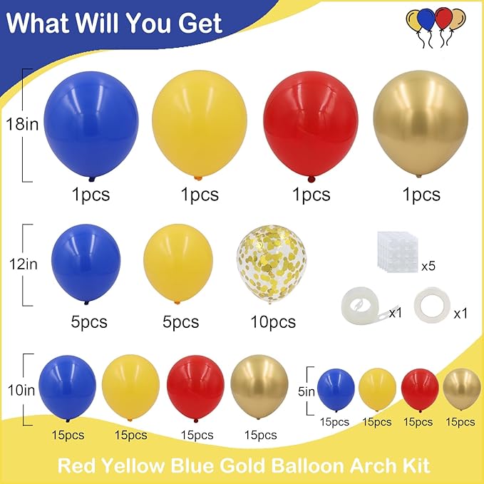 Red Blue Yellow and Gold Balloons Arch Kit 144pcs Carnival Circus Balloon Garland with Confetti Latex Balloons for Baby Shower Wedding Birthday Video Game Cartoon Theme Party Decorations