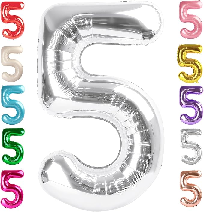 Balloon Numbers 40 Inch 5 Ballon for 5th Birthday Decorations, 15 25 35 50 Big Silver Number Balloons for Wedding Photo Shoot Party Decor