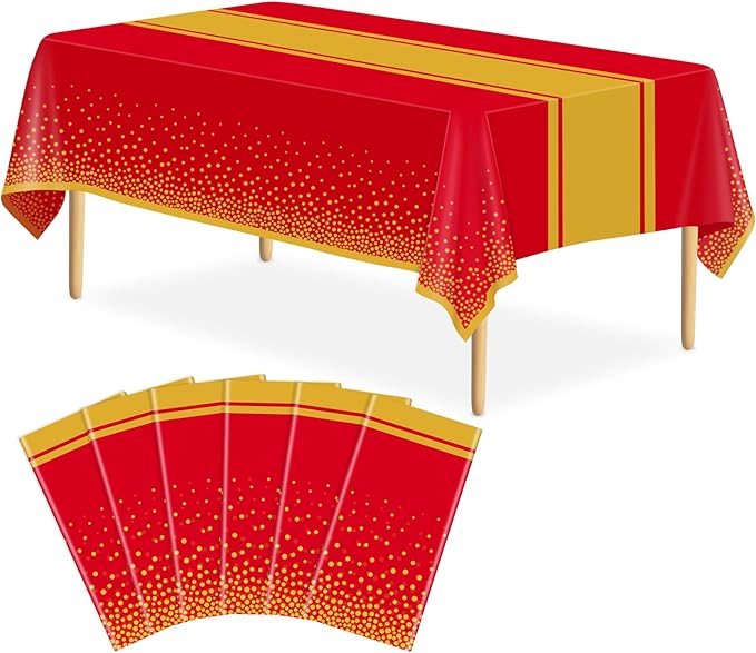 6 Pack Red and Gold Tablecloth Party Decorations Plastic Red Tablecloth Printed Gold Table Runner 54 x108 Inch Disposable Rectangle Table Cover for Birthday Wedding Graduation