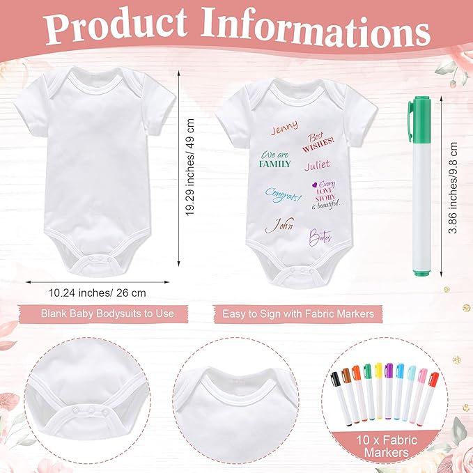 Qunclay 12 Pcs Baby Shower Game Decor with White Unisex Bodysuit Wooden Sign Tabletop Decor and Marker for Guests(Floral)